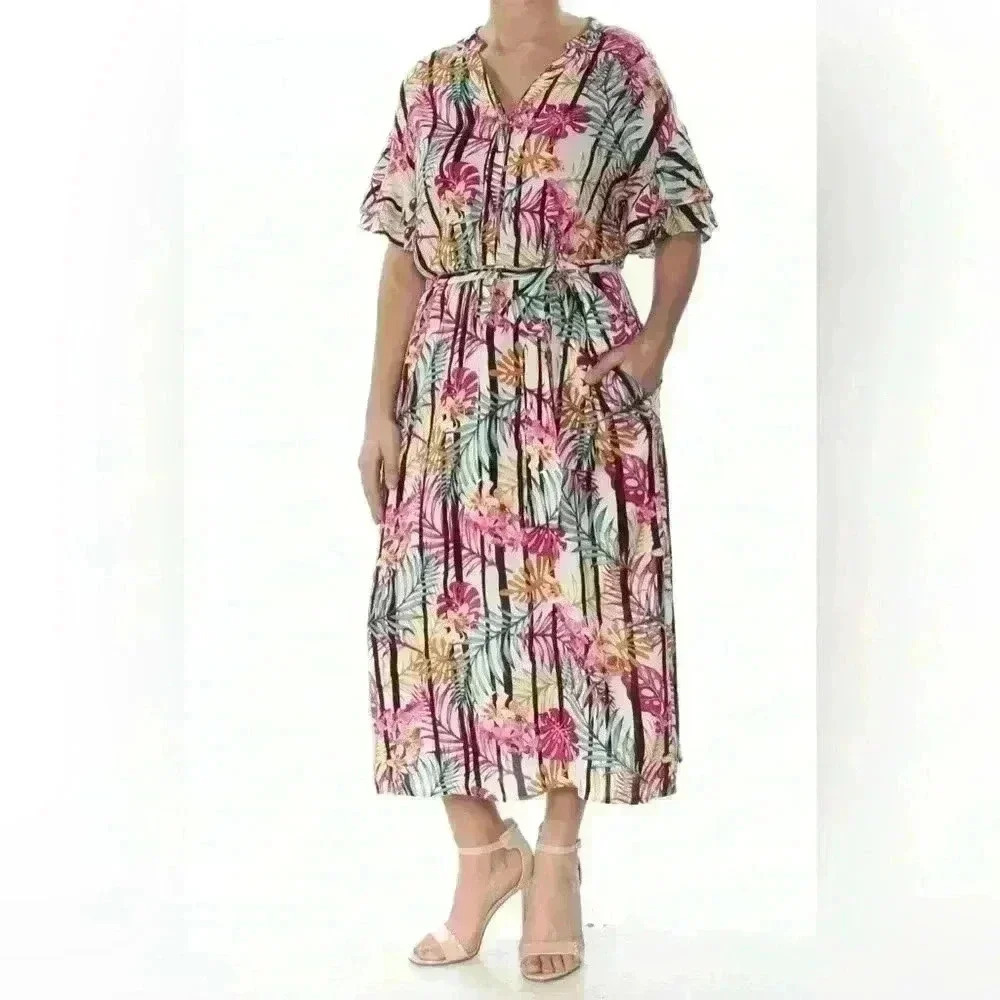 NWT Nine West Floral Stripes Ruffle Sleeves Dress Size 14 - Picture 1 of 10
